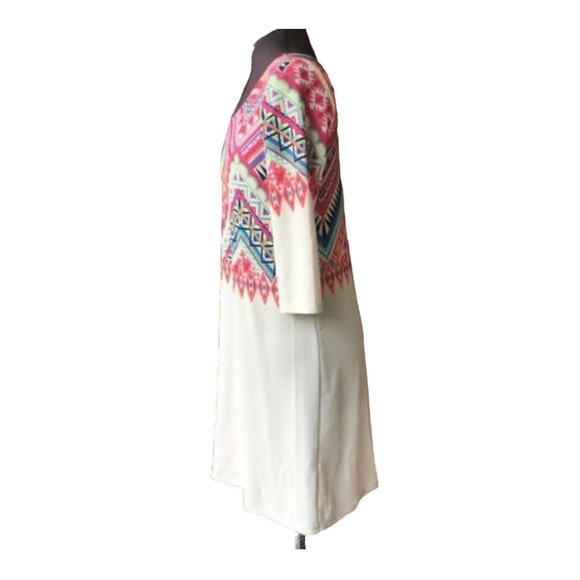 12PM by Mon Ami Dress White Multi-Color Tribal Print Scoop-Neck 3/4-Sleeve M - Picture 4 of 7